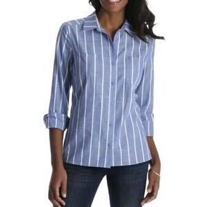 Lee Riders Long Sleeve Woven Top With Split Back Womens Size Small Blue Stripe